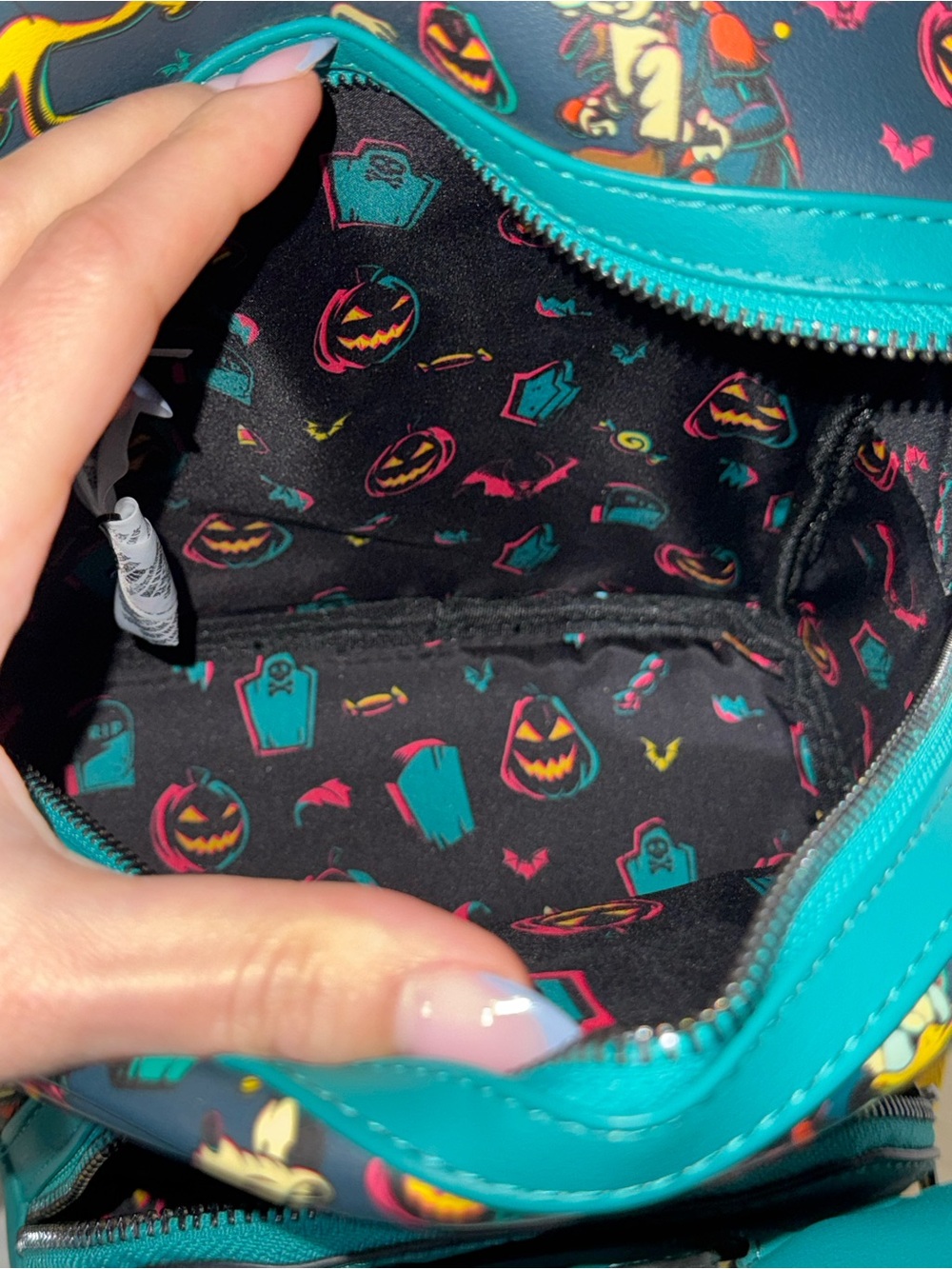 Loungefly Neon Pumpkin Mickey Backpack in Pink, Teal & Yellow - Picture 4 of 5